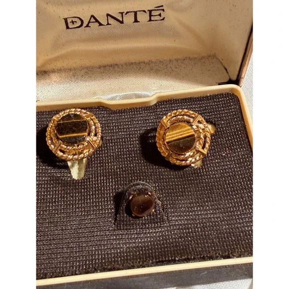 Vintage Dante Tigers Eye Cufflinks and Tie Tack Set Gold Tone Mid Century Boxed - Picture 2 of 7